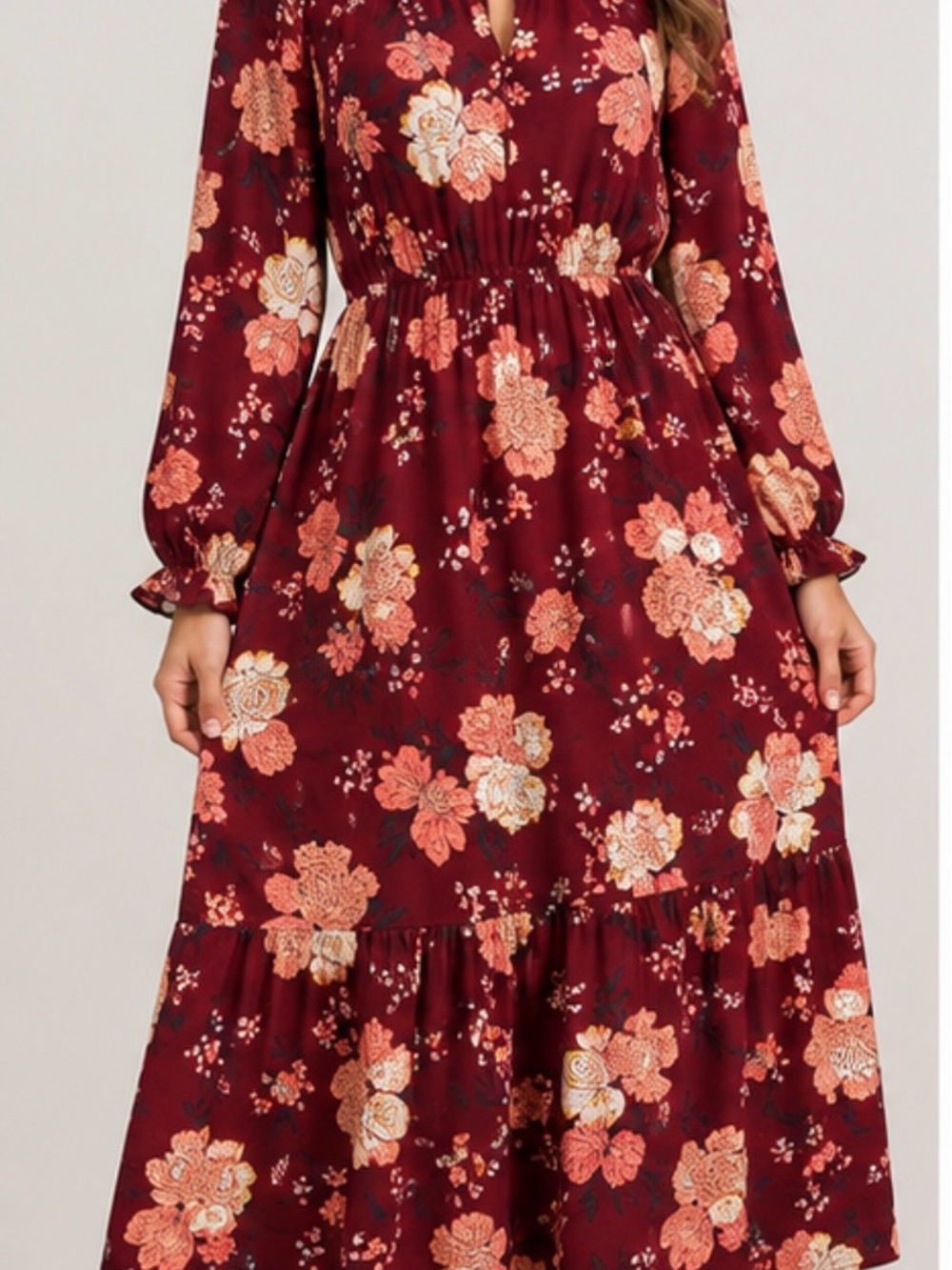 LOFT Burgundy Floral Long-Sleeve Tiered Maxi Dress